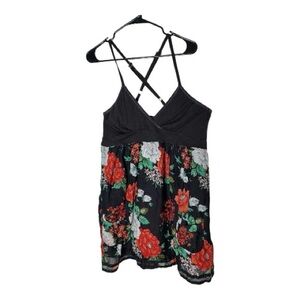 Planet Gold Black Floral Mini Dress with Red and Green Accents